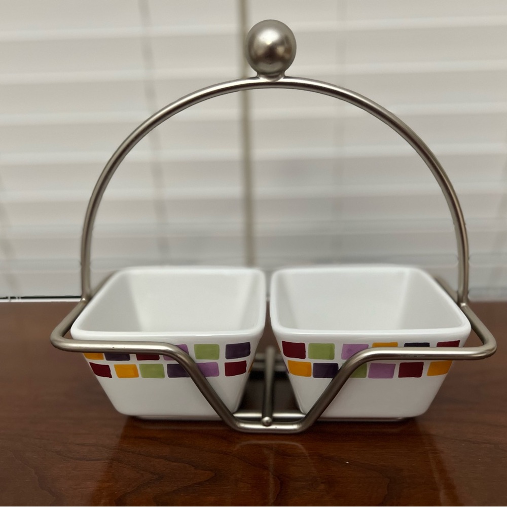 Pampered chef simple additions, condiment set with two bowls in metal caddy.